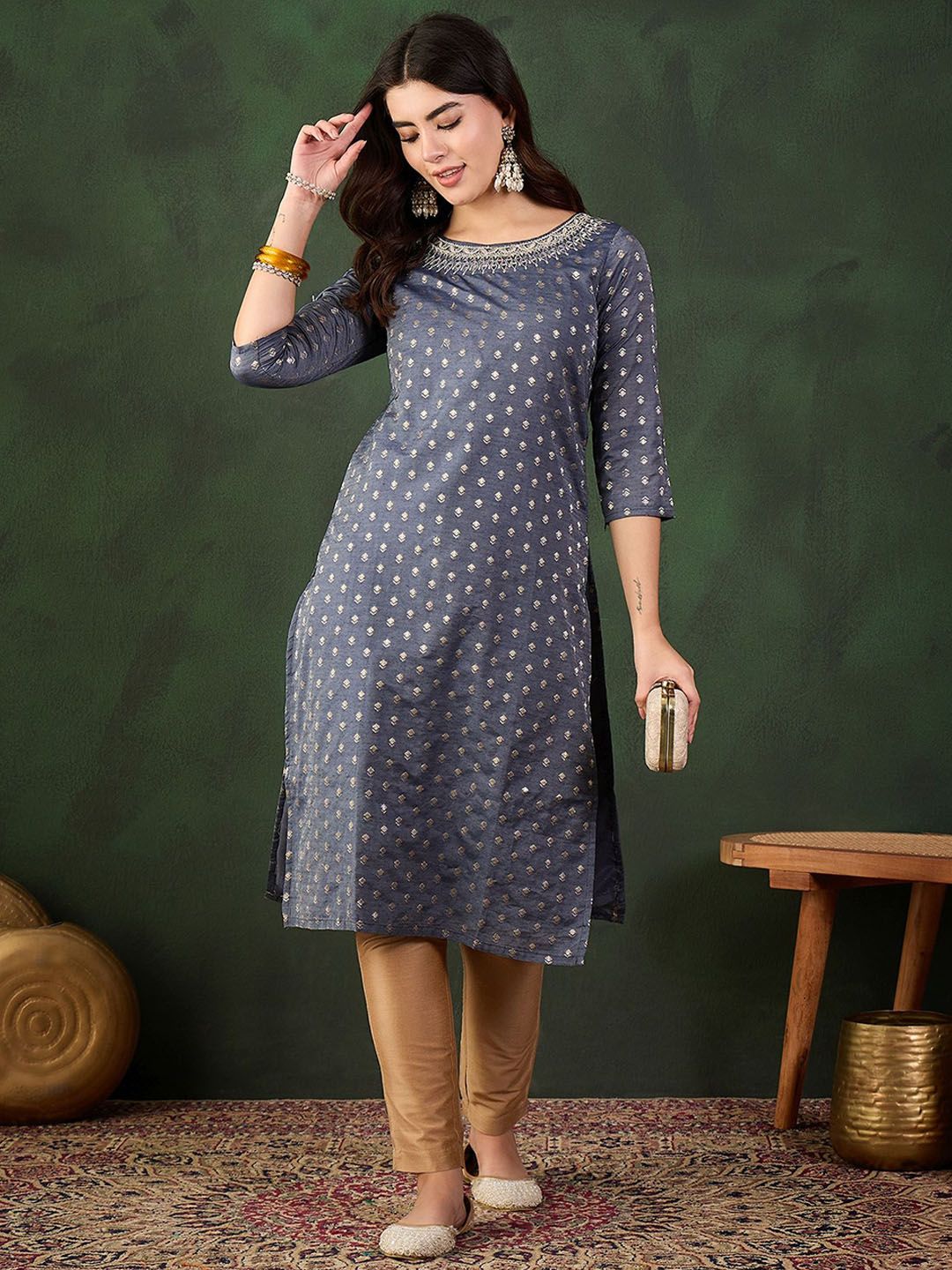 Sangria Embroidered Straight Kurta - Distacart
