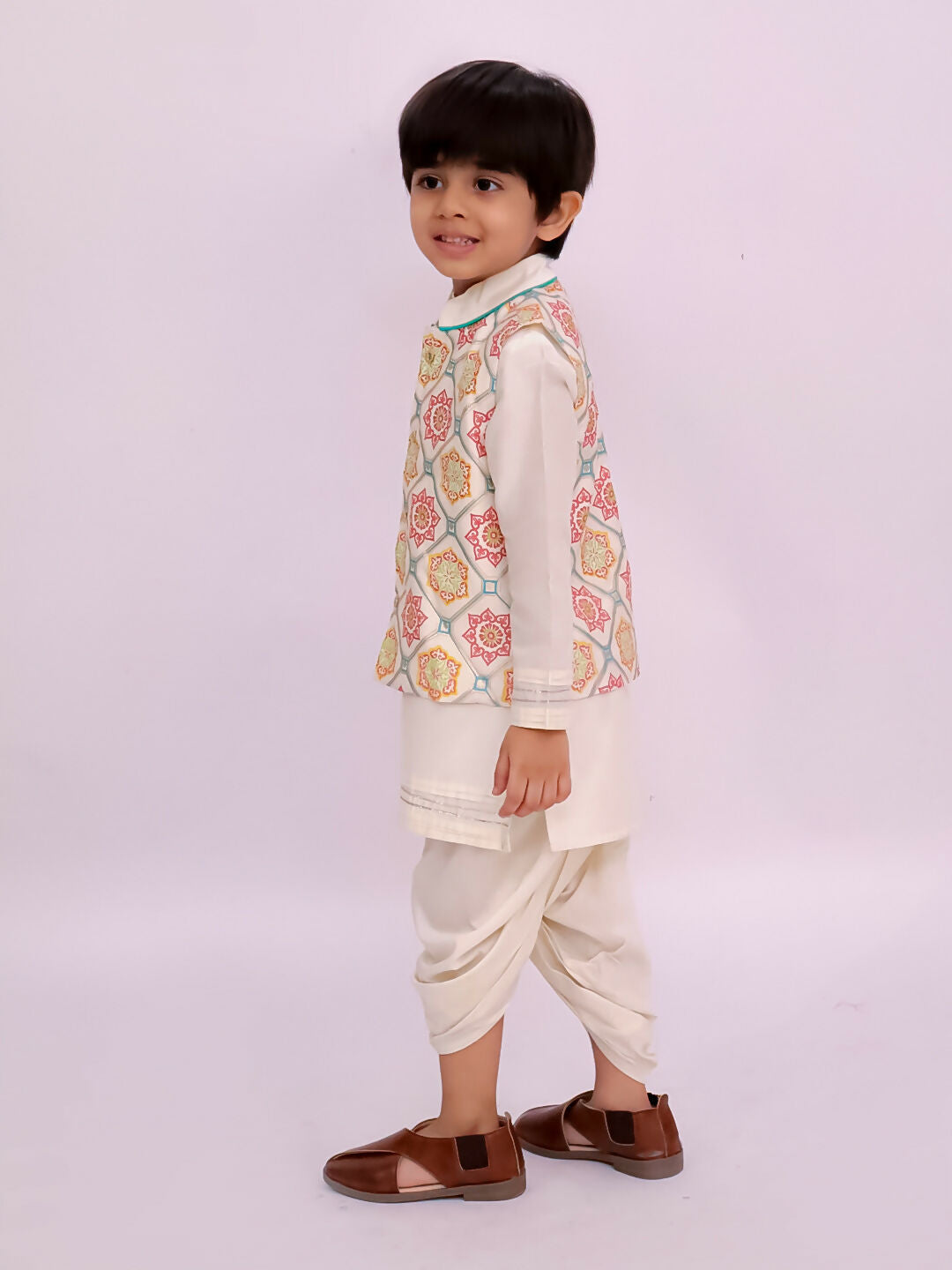 Lil Drama Mishti White Kurta Dhoti and Jacket For Boys