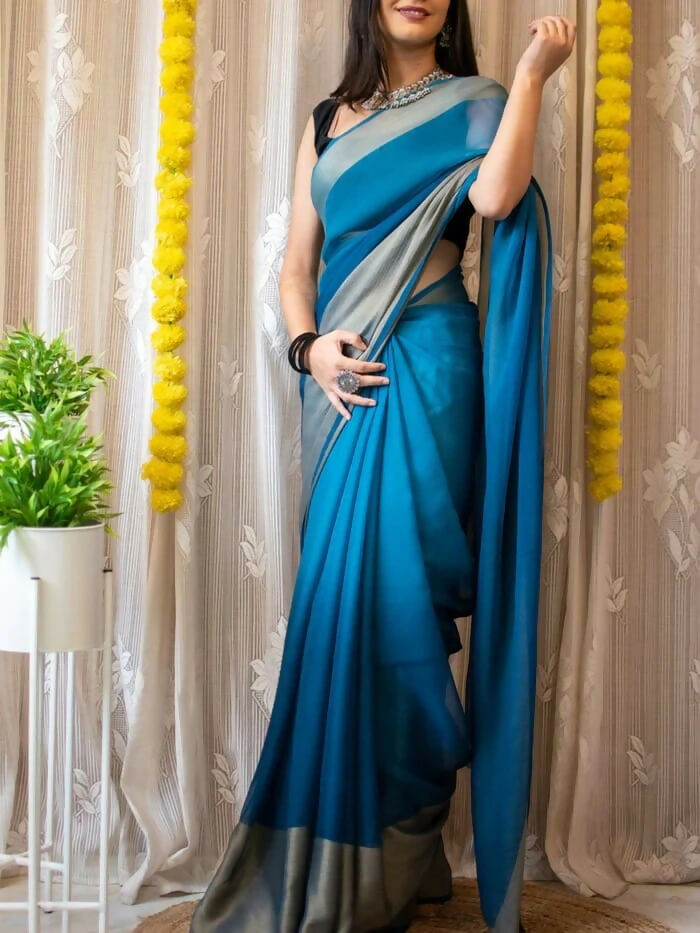 Malishka Chiffon Woven Boarder Ready To Wear Saree With Blouse Piece - Sky Blue - Distacart
