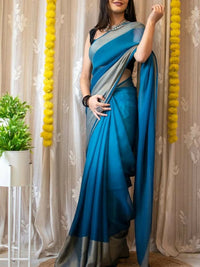 Thumbnail for Malishka Chiffon Woven Boarder Ready To Wear Saree With Blouse Piece - Sky Blue - Distacart