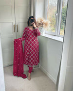 Thumbnail for Preksha Creation Indian Festival Special Women Faux Georgette Sequence Embroidered Work Top And Pant With Dupatta - Red - Distacart