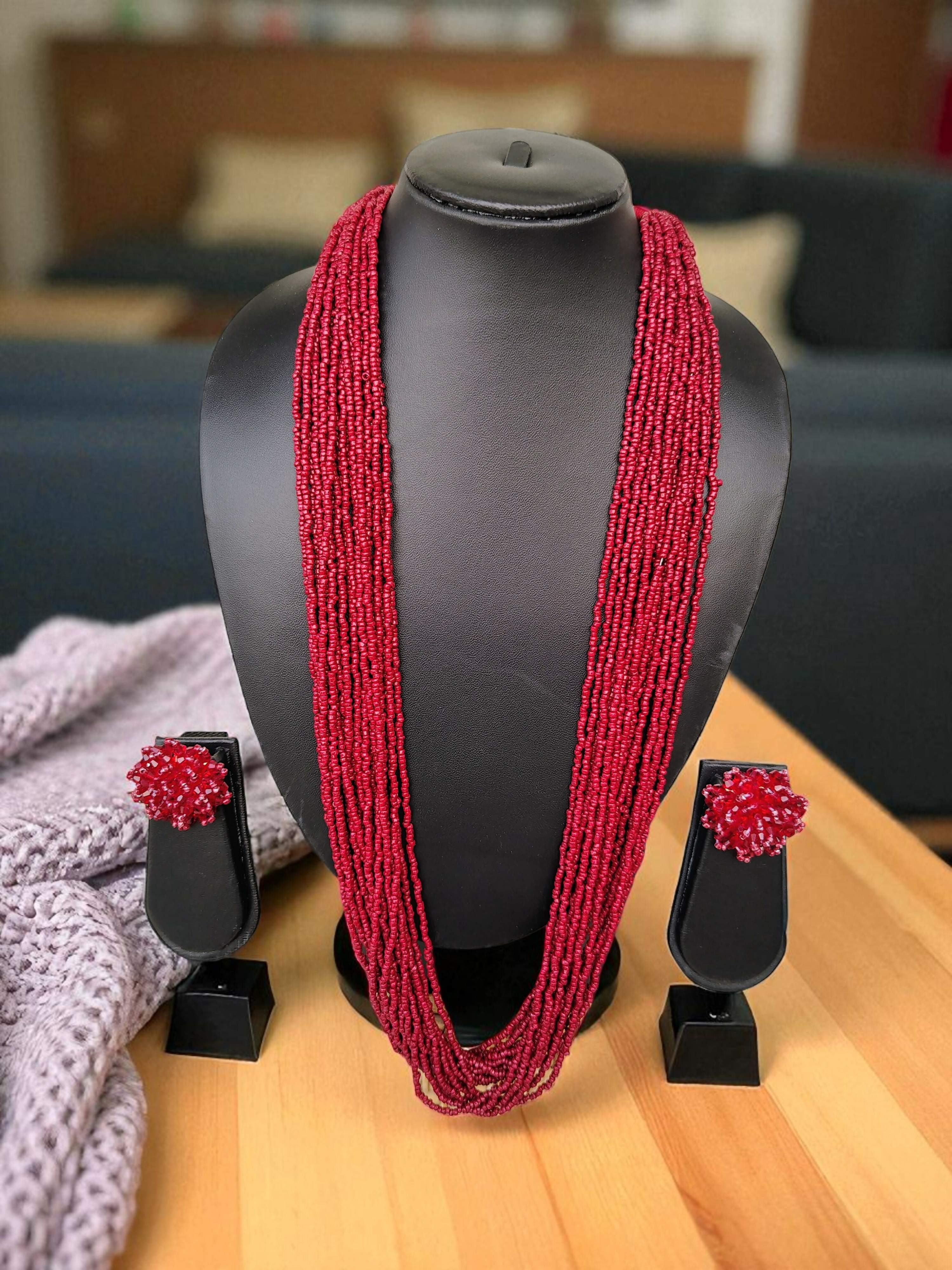 Inhanns Rangsaaz 20-Layer Luxe Long Beaded Necklace (With Optional Statement Earrings) - Maroon With Earring - Distacart