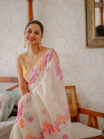 Thumbnail for Prime Volt Women's Off-White Floral Digital Print Soft Linen Saree With Blouse - Distacart