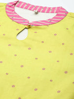 Thumbnail for Ahalyaa Women Lime Yellow & Pink Printed Pleated A-Line Maxi Ethnic Dress - Distacart