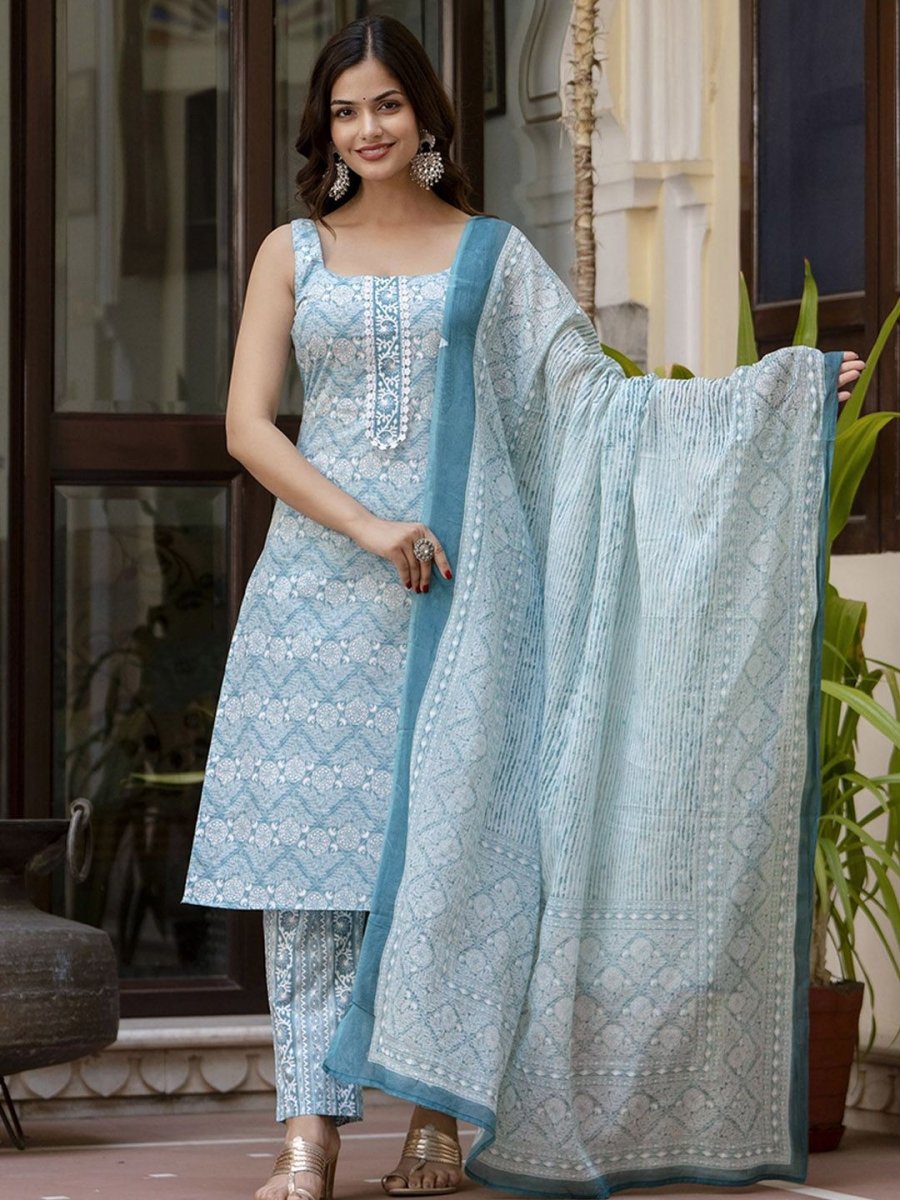 Anouk Blue Floral Printed Square Neck Pure Cotton Straight Kurta With Trousers & Dupatta - Distacart
