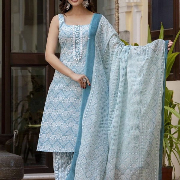 Anouk Blue Floral Printed Square Neck Pure Cotton Straight Kurta With Trousers & Dupatta - Distacart