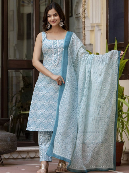 Anouk Blue Floral Printed Square Neck Pure Cotton Straight Kurta With Trousers & Dupatta