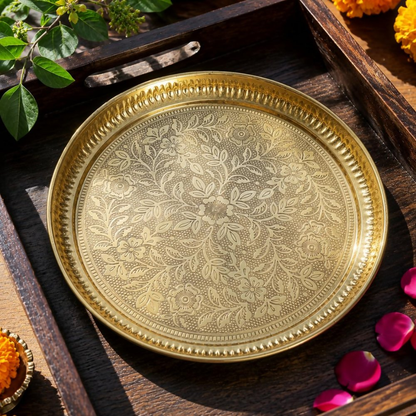 Pure Source India Handmade Flower Embossed Design Brass Puja Thali - Dista