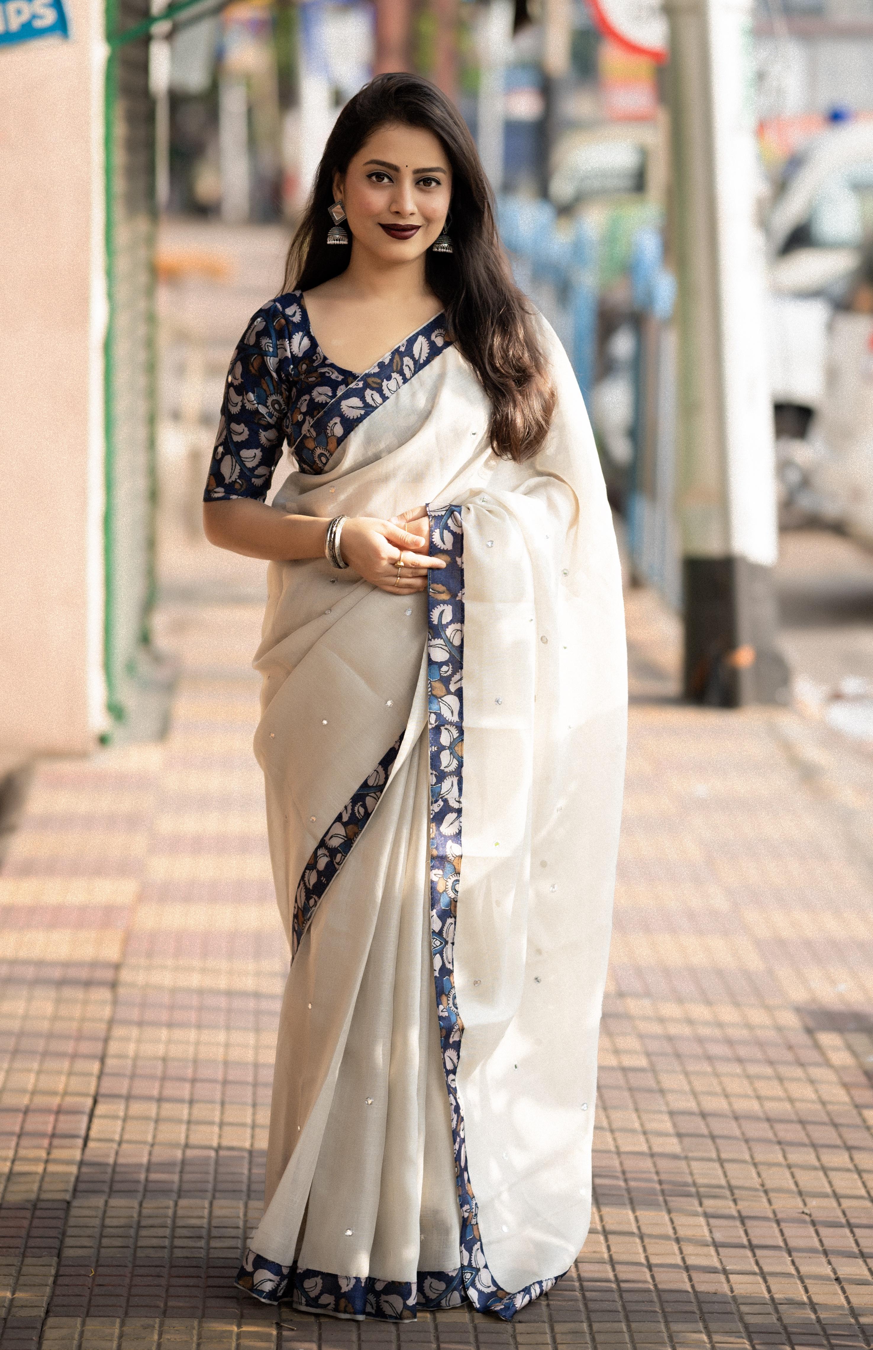Cream Pure Linen Ethnic Motifs Saree with Unstitched Blouse - A2M - Distacart