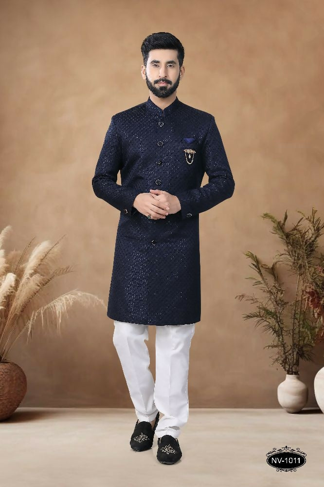 Joban Fashion Men's Blue Straight Silk Thread & Sequence Embroidery All Over Indo-Western Kurta Set - Distacart