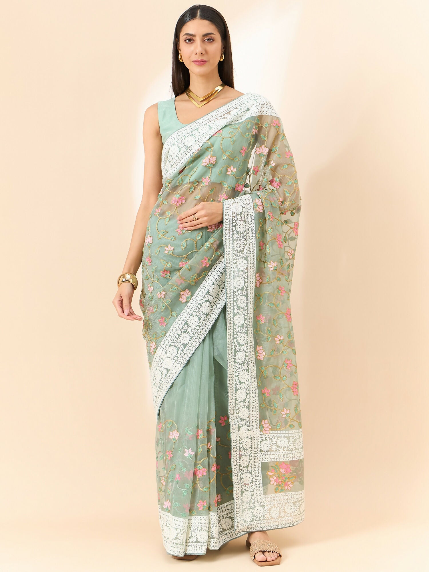 Green Organza Floral Embroidered Saree with Unstitched Blouse Piece - Roozal - Distacart