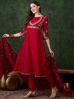 Thumbnail for Sangria Round Neck Floral Zari Embroidered Straight Kurta with Trouser and Dupatta