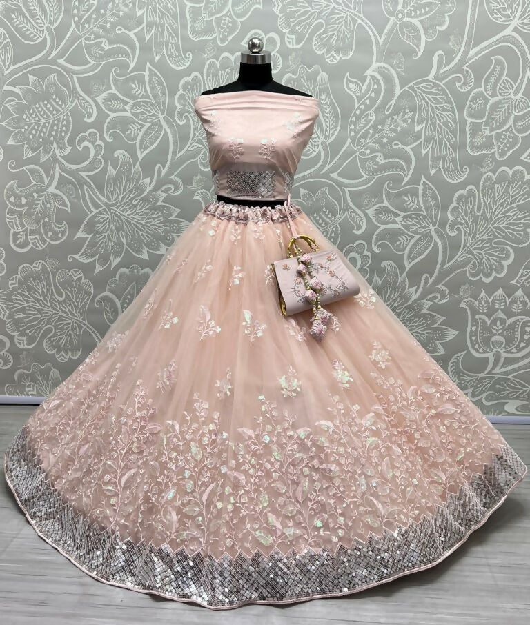 Jyoti Fashion Women's Peach Bridal Net Fancy Sequins with Multi Thread Embroidered Wedding Lehenga Choli - Distacart