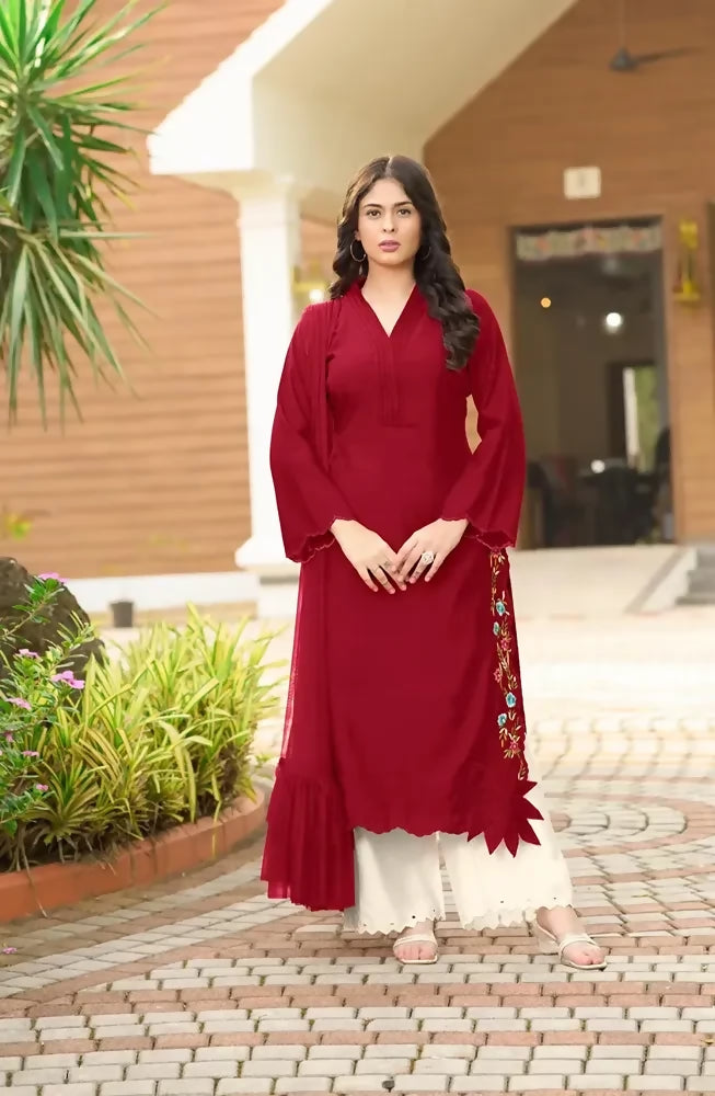 Nikhaar Maroon Embroidered Art Silk Straight Cut Readymade Pakistani Suit