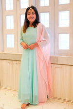 Thumbnail for Jompers Women's Turquoise Blue Embroidered Regular Sequinned Kurta with Trousers & Dupatta - Distacart