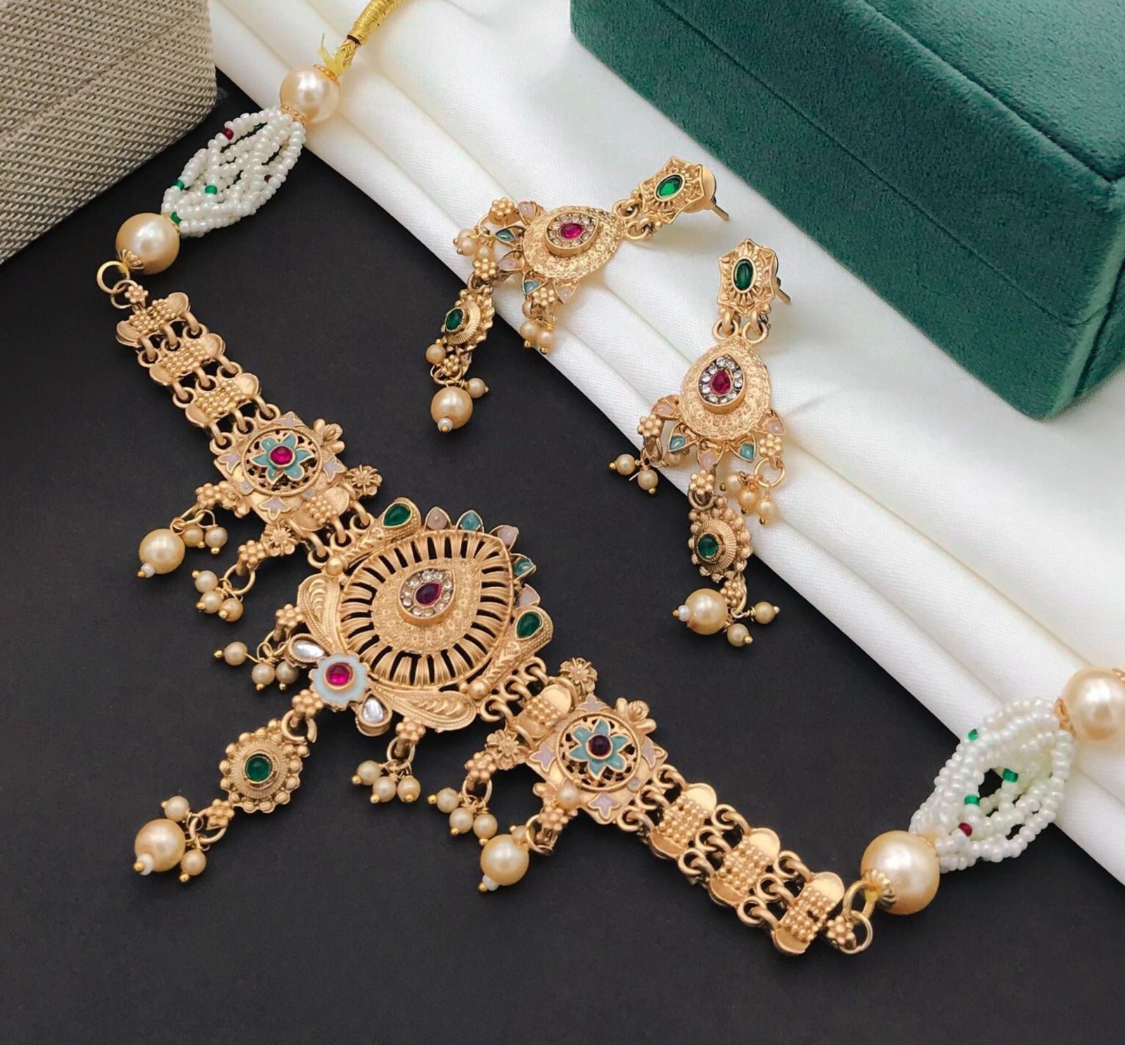 Gold-Polished Pearl Embellished Designer Multi Pearl String Choker Set By House of Ree - Distacart