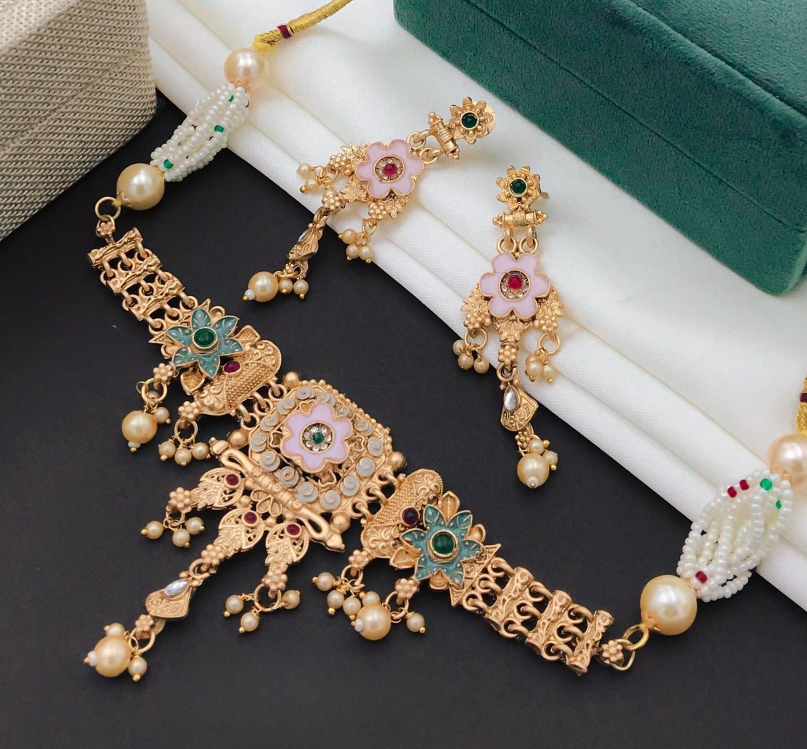 Gold-Polished Pearl Embellished Designer Multi Pearl String Choker Set By House of Ree - Distacart