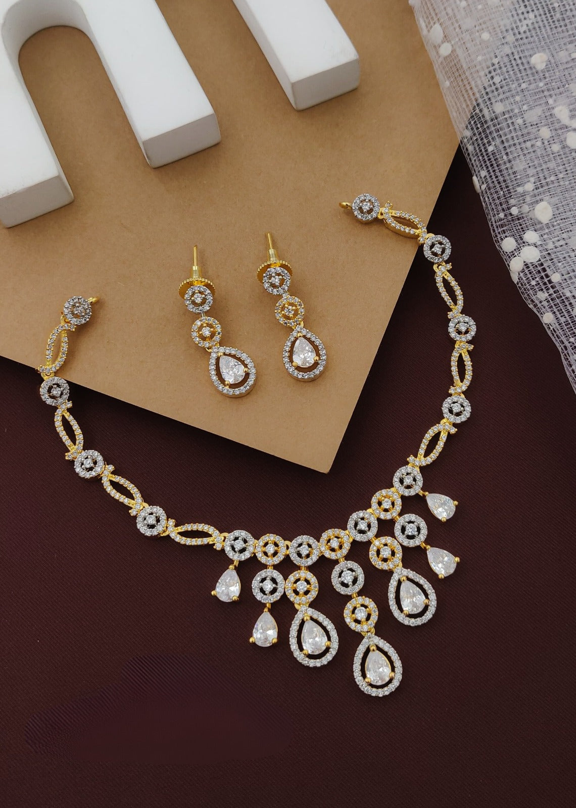 Golden Partywear American Diamond Gold-Polished Necklace Set By House of Ree - Distacart