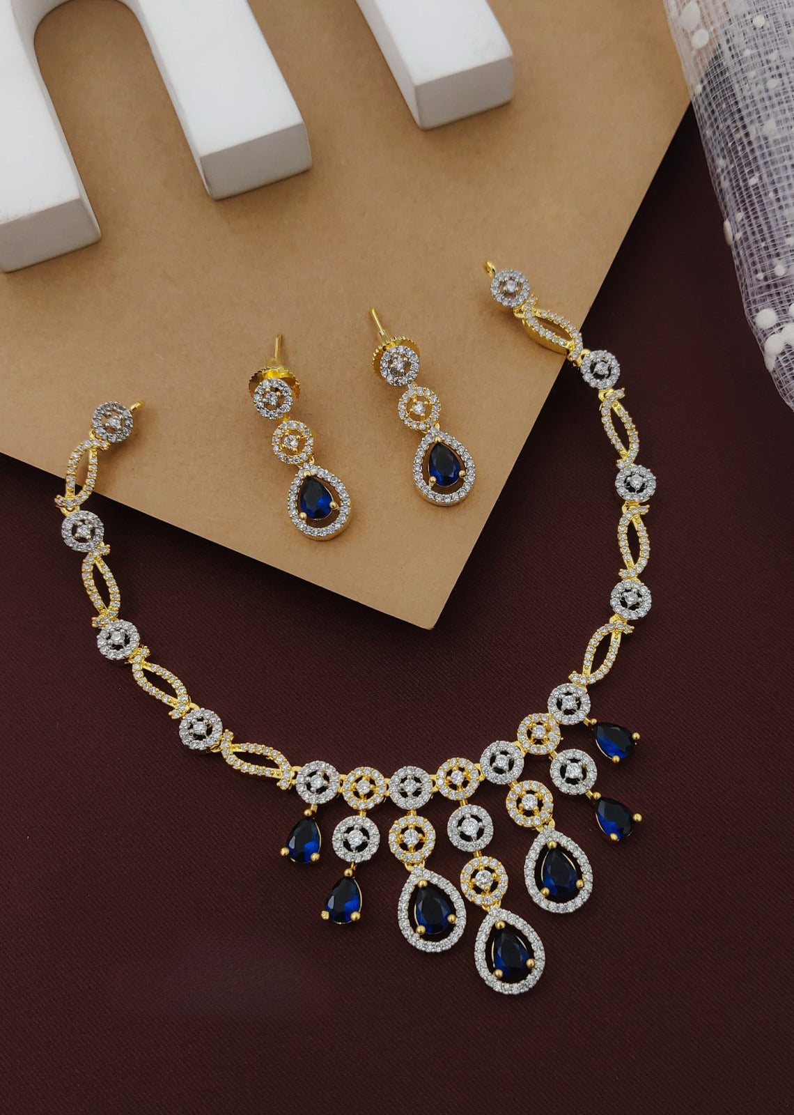 Royal Blue Partywear American Diamond Gold-Polished Necklace Set By House of Ree - Distacart