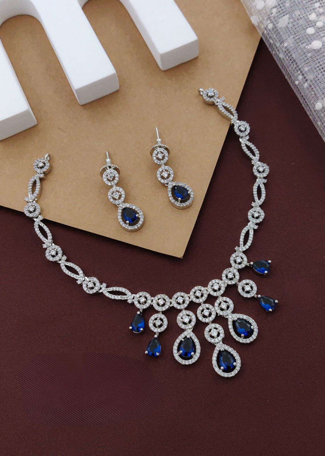 Royal Blue Partywear American Diamond Rhodium Plated Necklace Set By House of Ree - Distacart