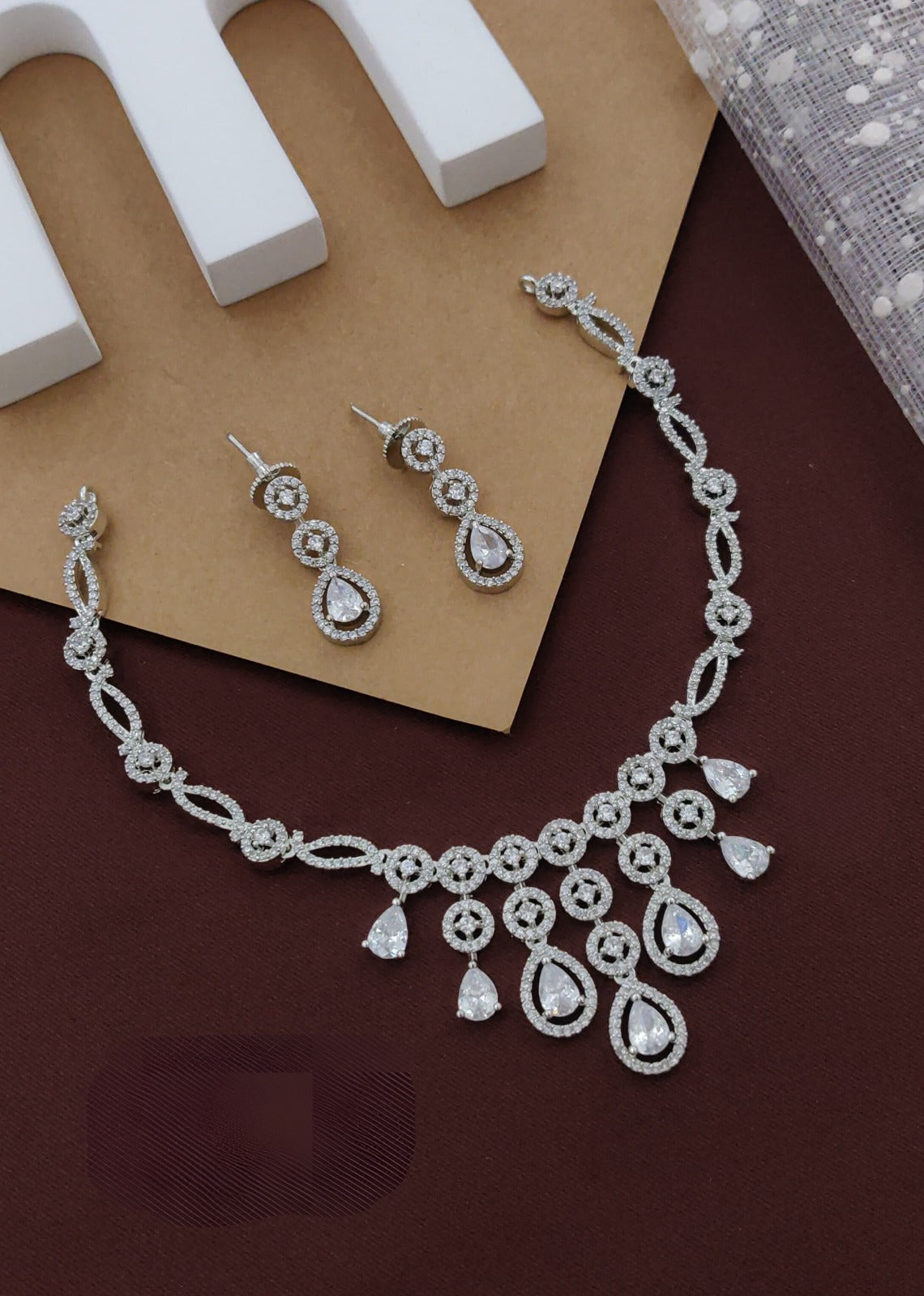 Silver Partywear American Diamond Rhodium Plated Necklace Set By House of Ree - Distacart