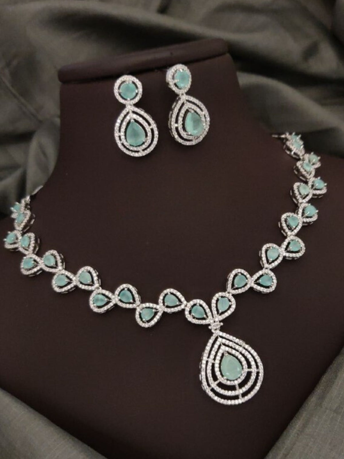 Mint Green Partywear American Diamond Necklace Set By House of Ree - Distacart