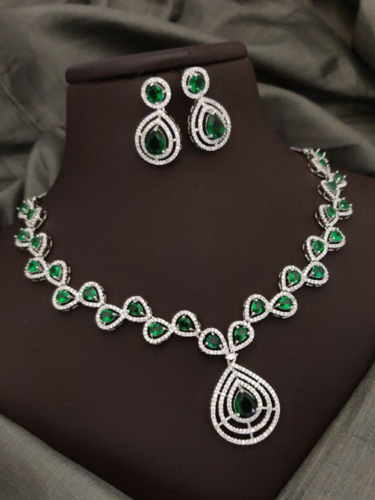 Green Partywear American Diamond Necklace Set By House of Ree - Distacart