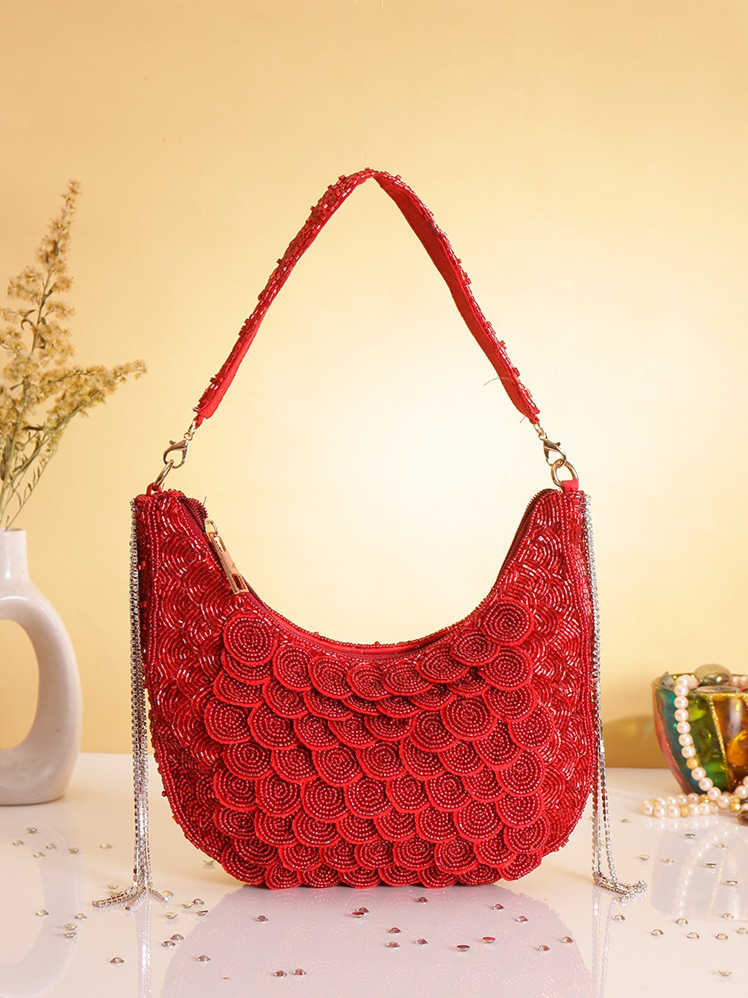 New Stylish Partywear Red Beads Embroidered Bag for Womens by House of Ree - Distacart