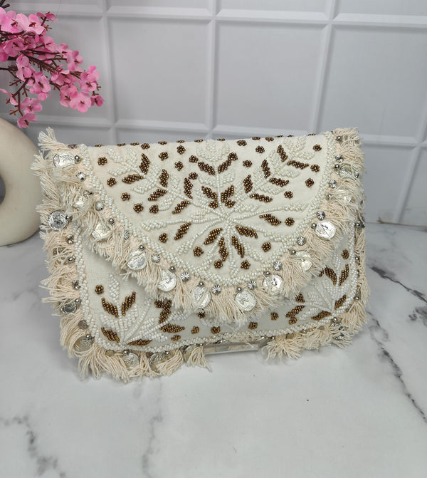 New Stylish Partywear White Beaded Boho Bag for Womens by House of Ree - Distacart