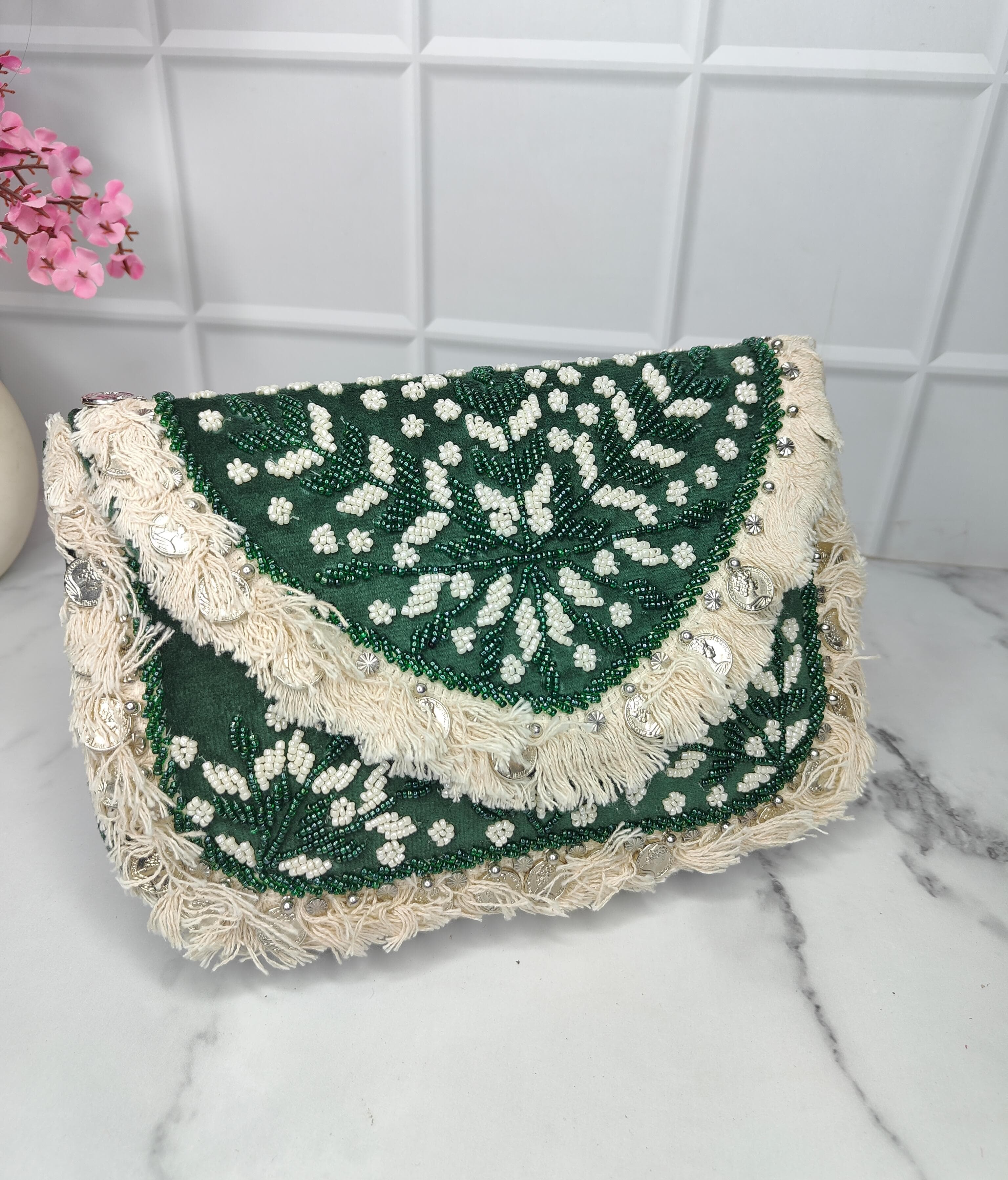 New Stylish Partywear Dark Green Beaded Boho Bag for Womens by House of Ree - Distacart