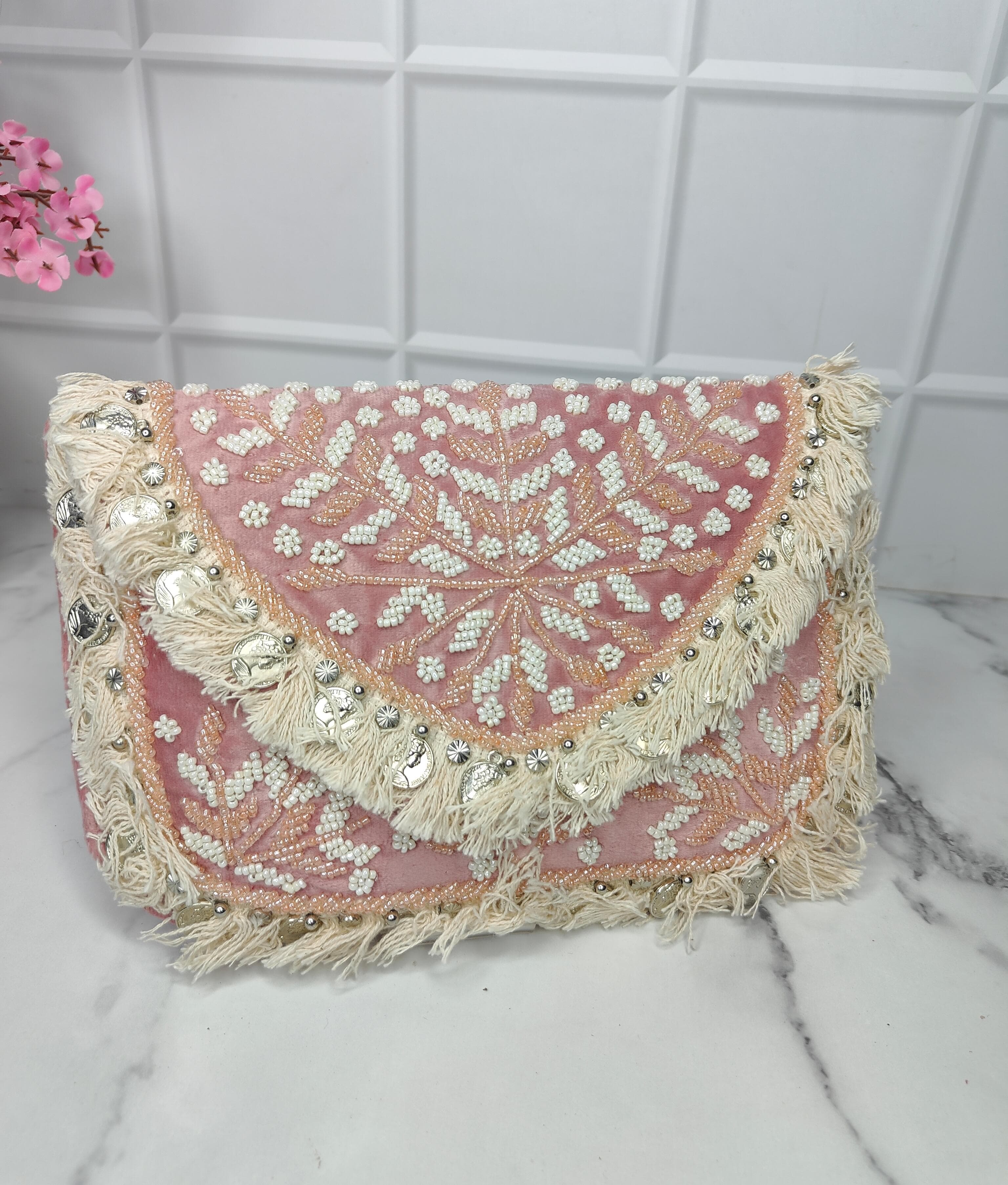 New Stylish Partywear Light Pink Beaded Boho Bag for Womens by House of Ree - Distacart