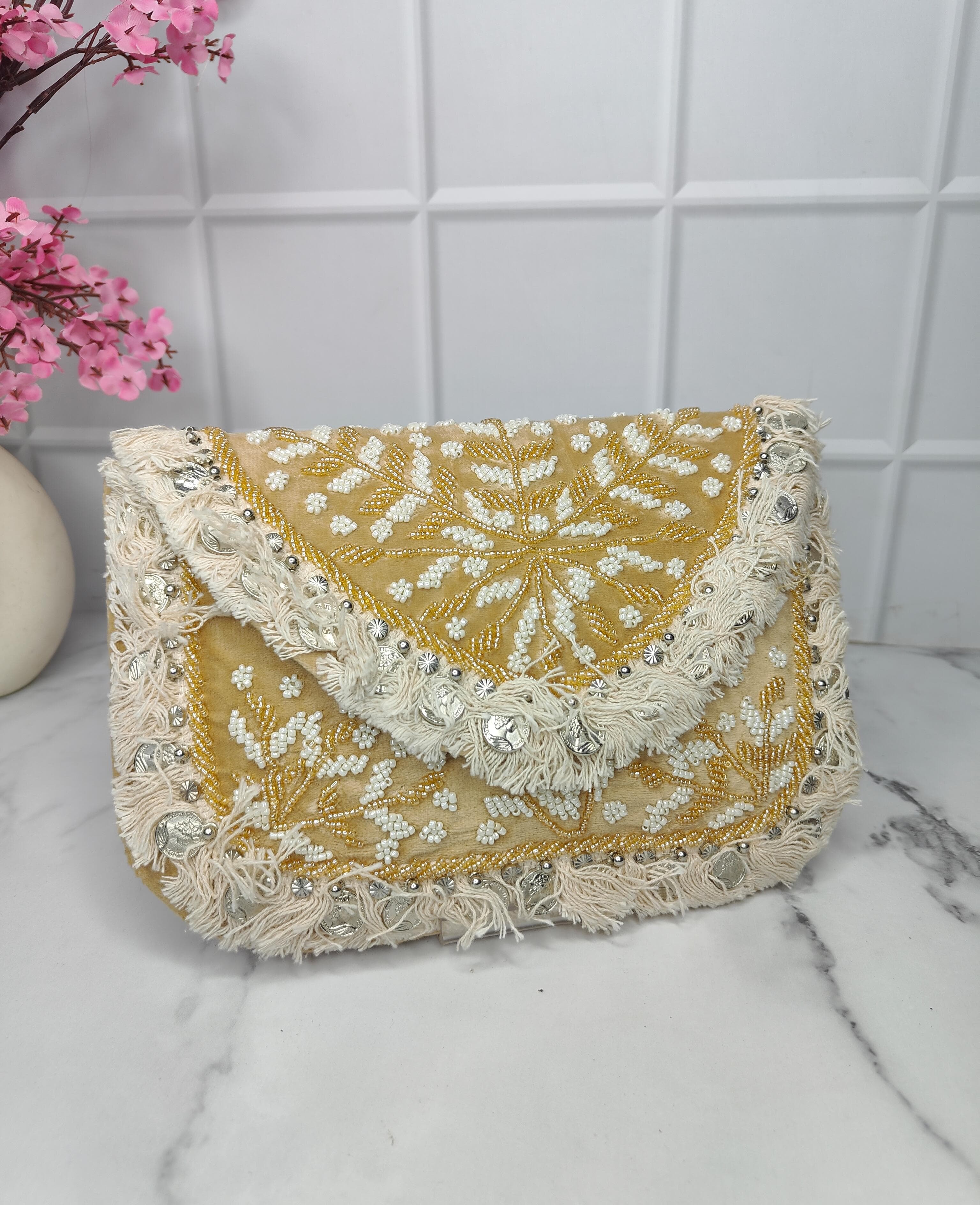 New Stylish Partywear Beige Beaded Boho Bag for Womens by House of Ree - Distacart