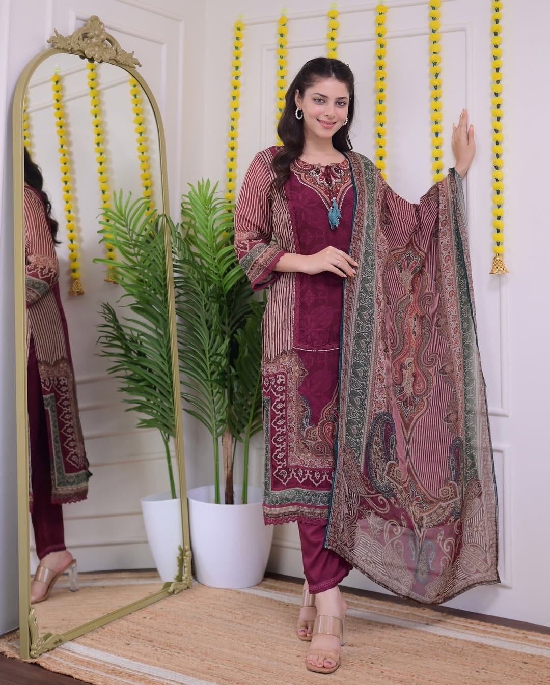 Pramukh Fab Maroon Decorated With Digital Prints And Hand Embroidery Kurta Set