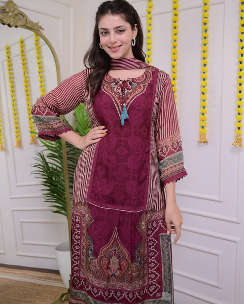 Pramukh Fab Maroon Decorated With Digital Prints And Hand Embroidery Kurta Set