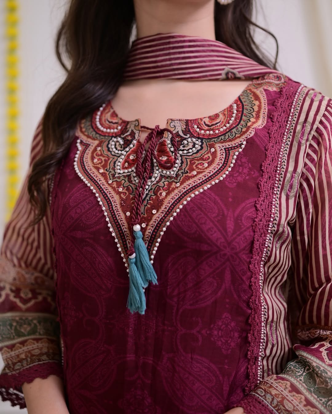 Pramukh Fab Maroon Decorated With Digital Prints And Hand Embroidery Kurta Set