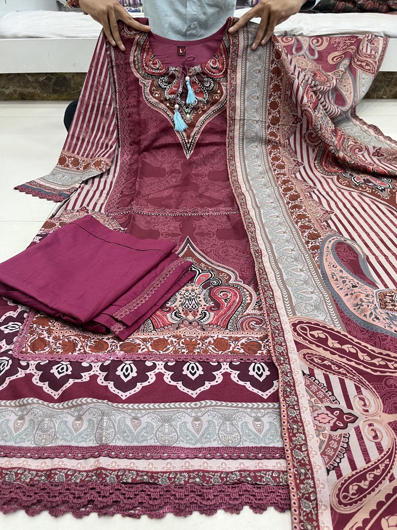 Pramukh Fab Maroon Decorated With Digital Prints And Hand Embroidery Kurta Set