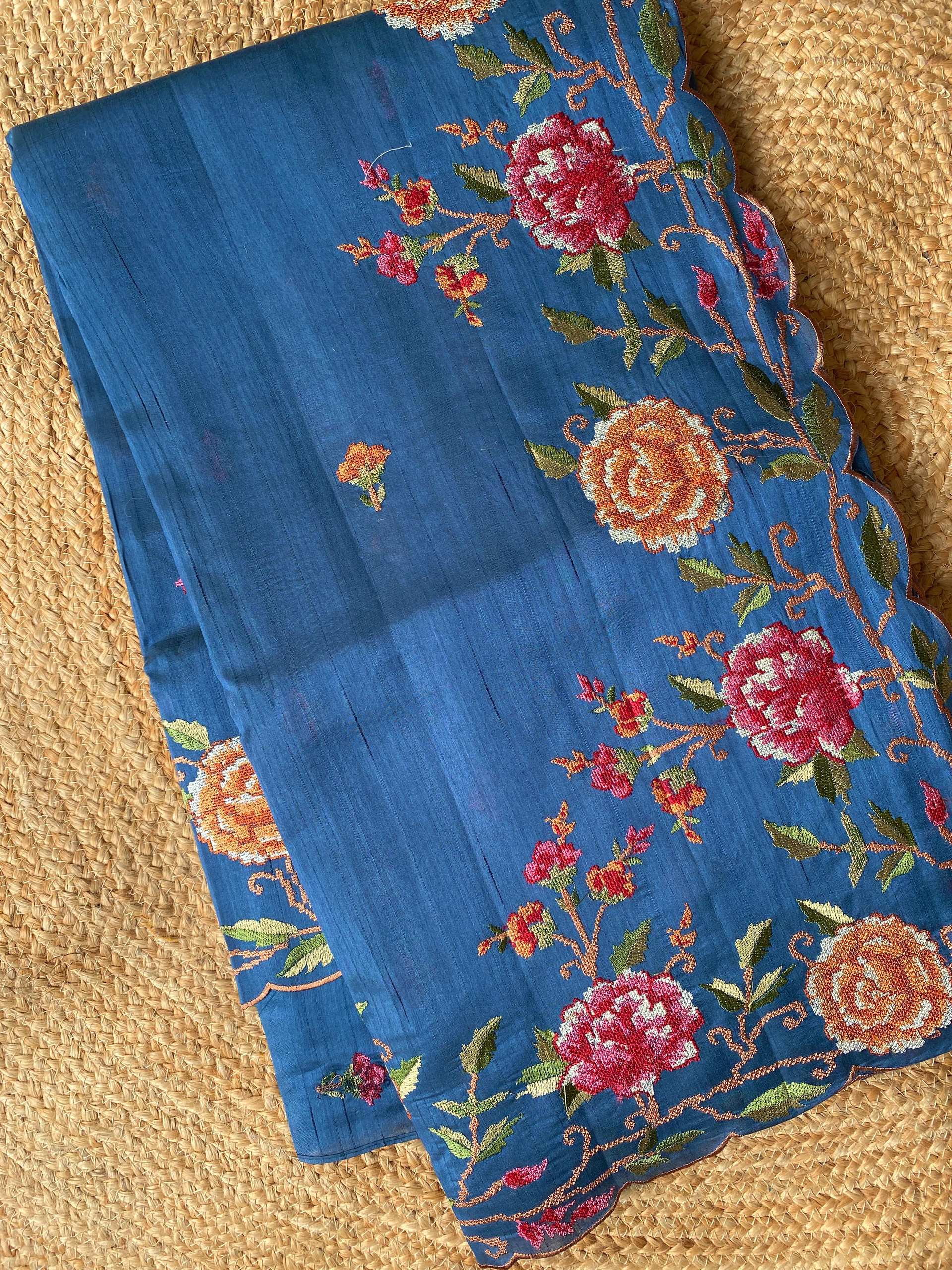 Mameraa Sarees Teal Matka Silk Saree With Heavy Floral Embroidery Border With Running Blouse-Teal - Dista