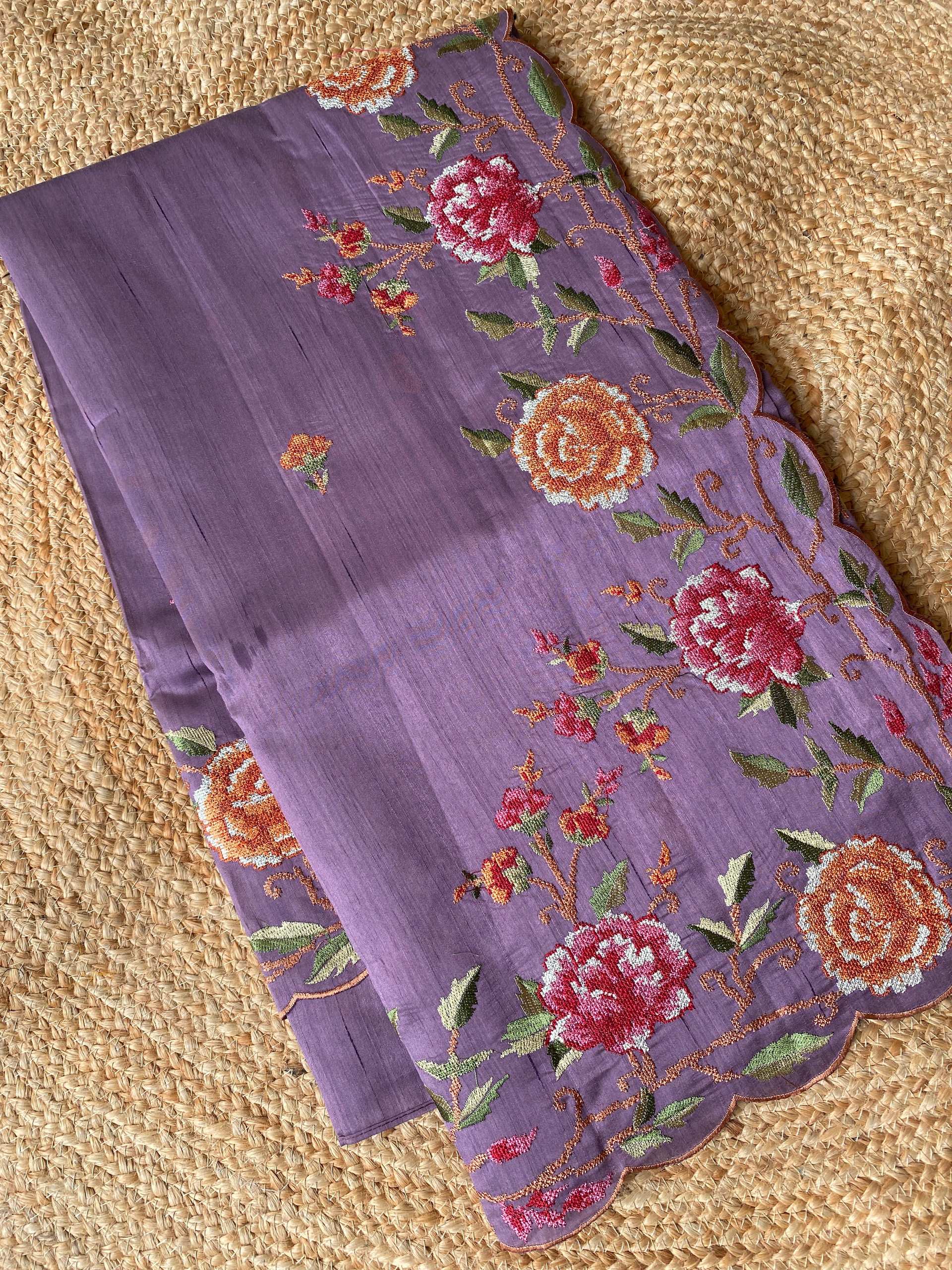 Mameraa Sarees Lavender Matka Silk Saree With Heavy Floral Embroidery Border With Running Blouse-Lavender - Dista