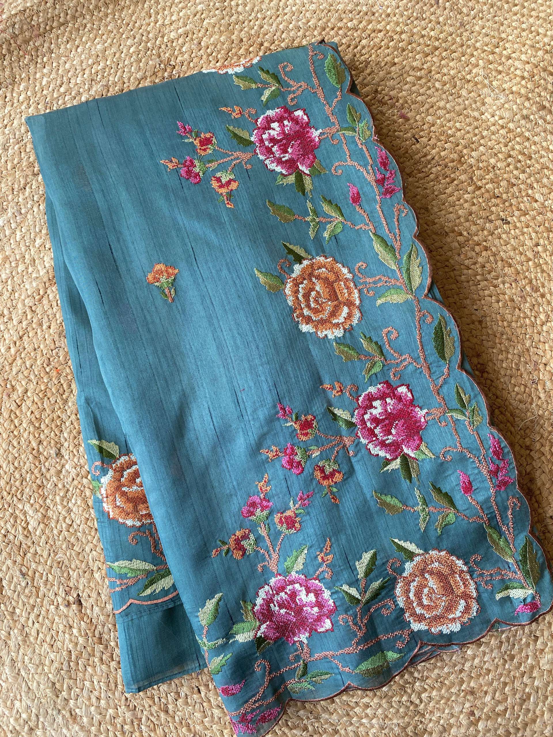 Mameraa Sarees Sea Green Matka Silk Saree With Heavy Floral Embroidery Border With Running Blouse-Sea_Green - Dista