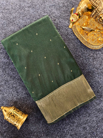 Mameraa Sarees Green Silk Blend Zari Banarasi Weaving Saree With Blouse-Green - Dista