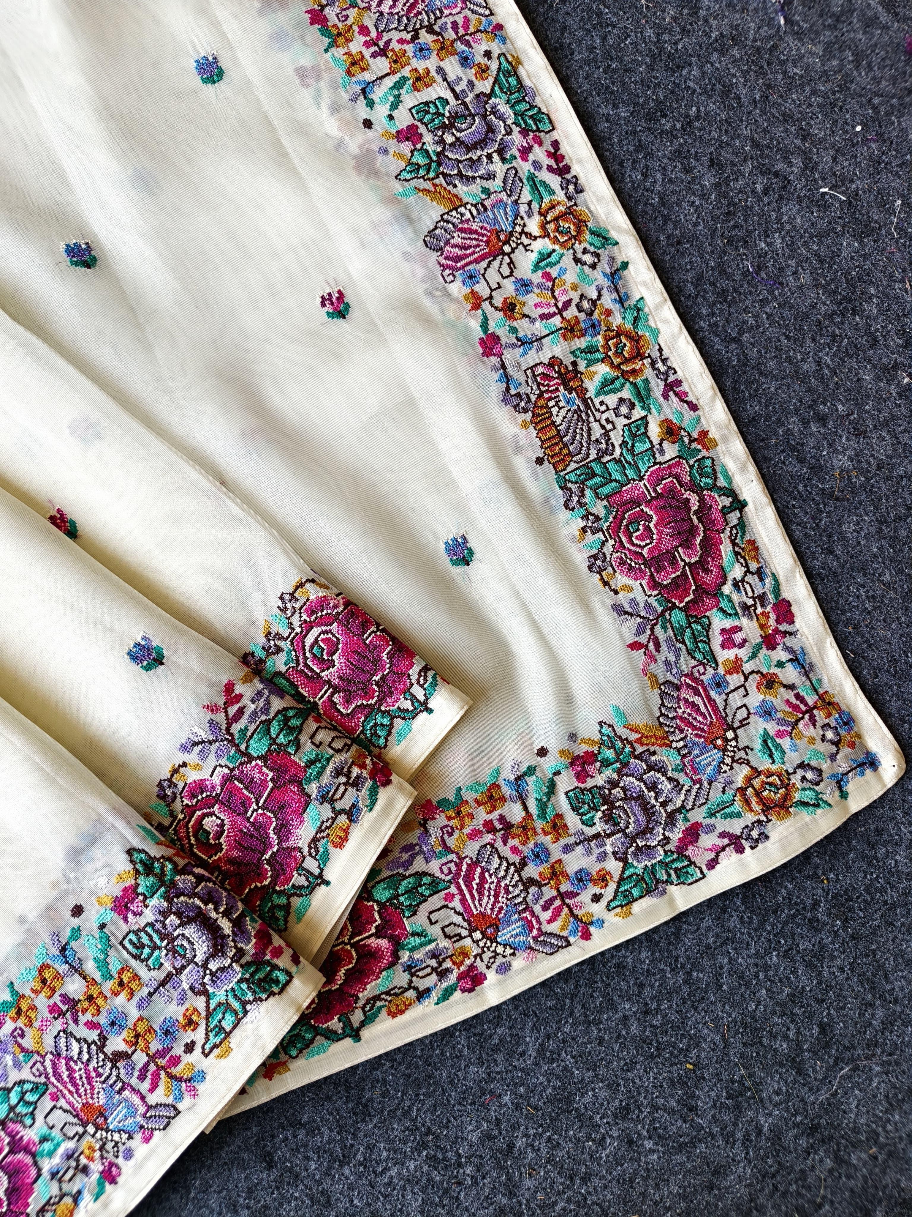 Mameraa Sarees Pure White Tissue Viscose Fabric Saree With Flower Design-White - Dista