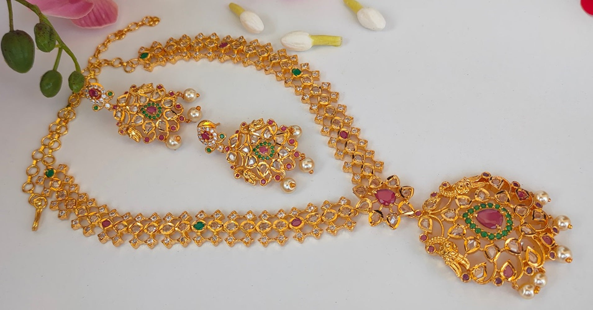 Pink & Green Bridal Necklace Set - Distacart