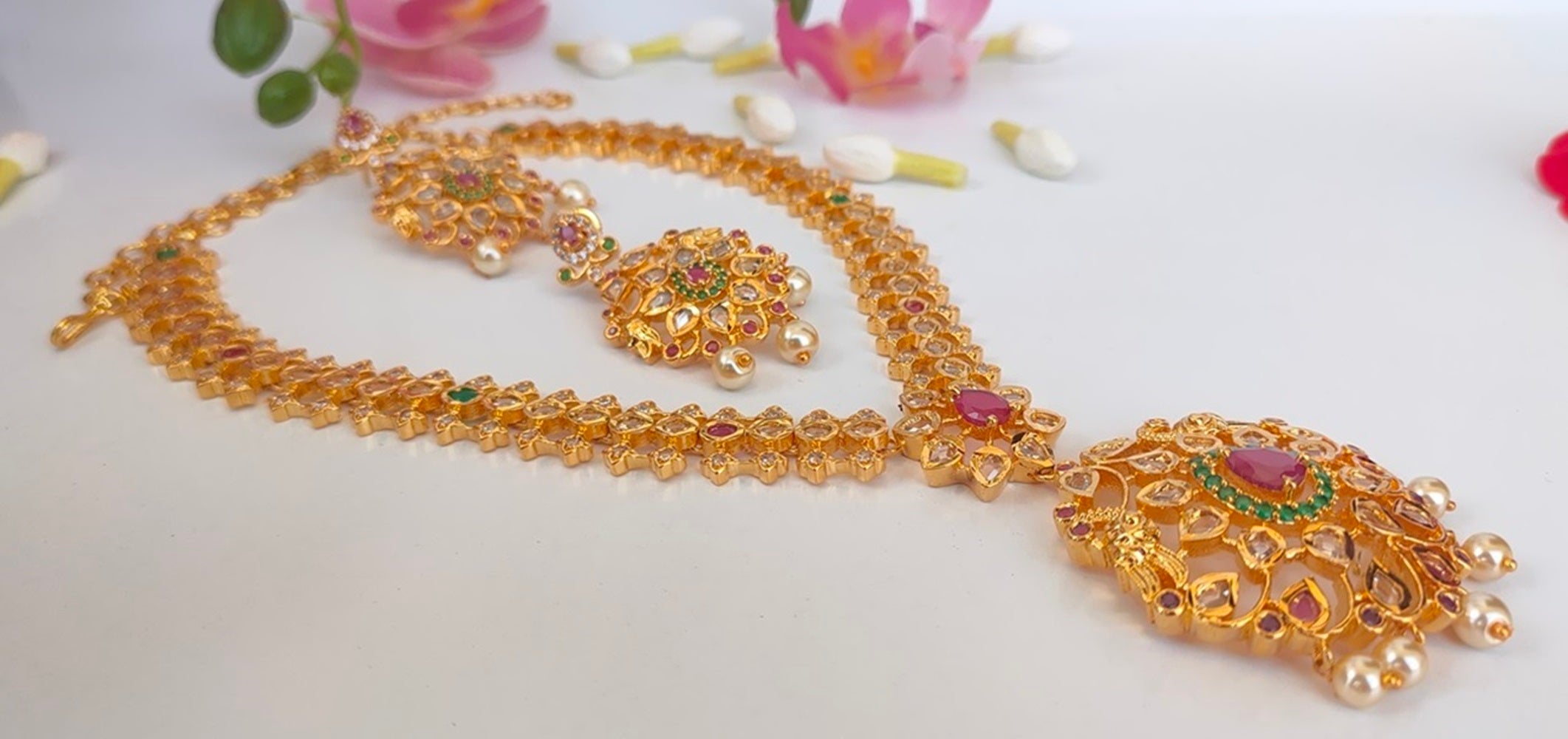 Pink & Green Bridal Necklace Set - Distacart