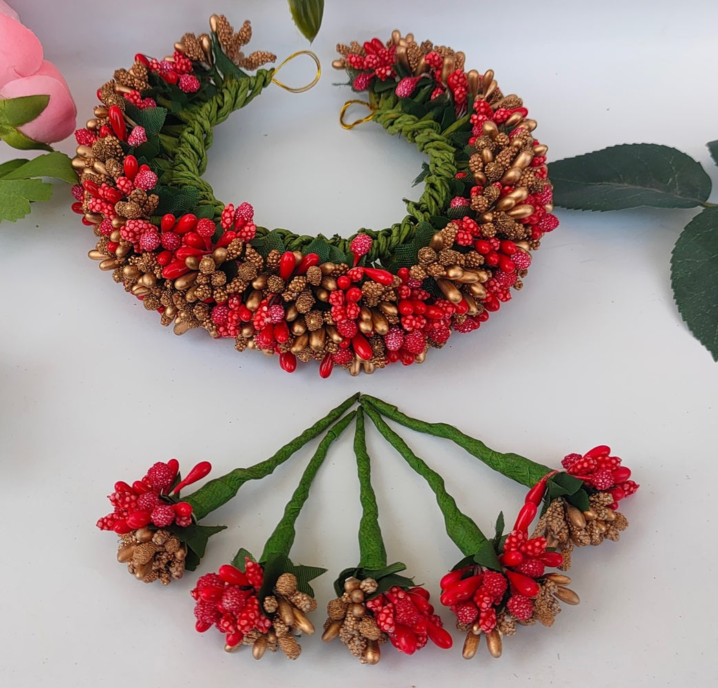 Red & Gold Bridal Hair Gajra with Brooches - Distacart