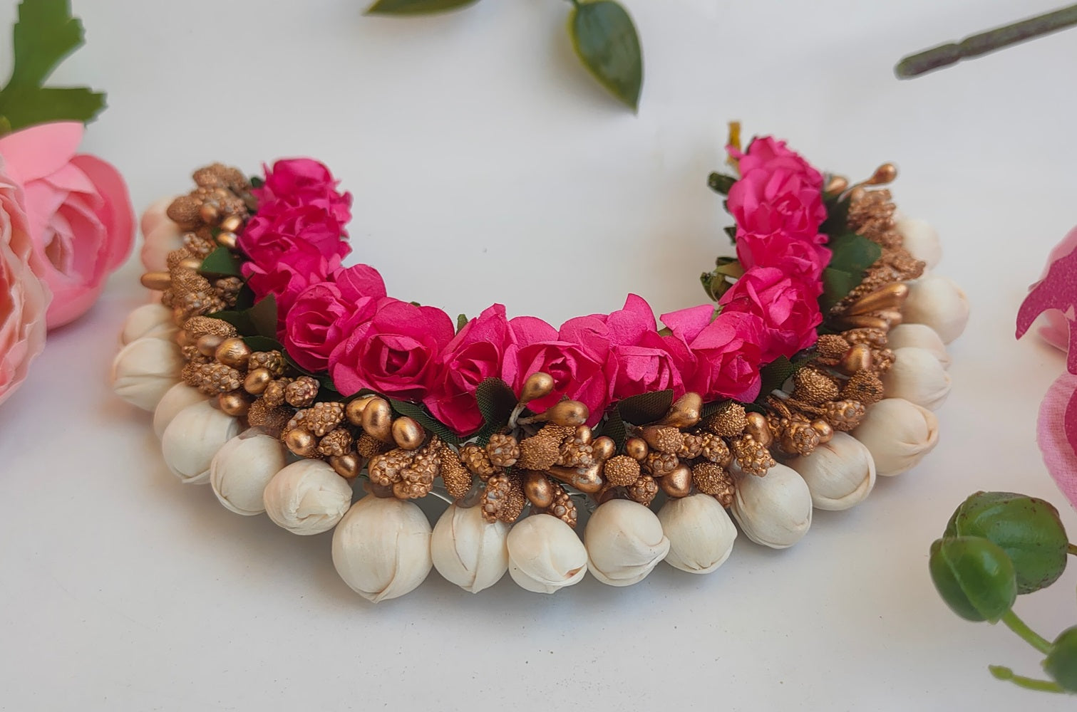 Pink & Gold Flower Hair Gajra - Distacart