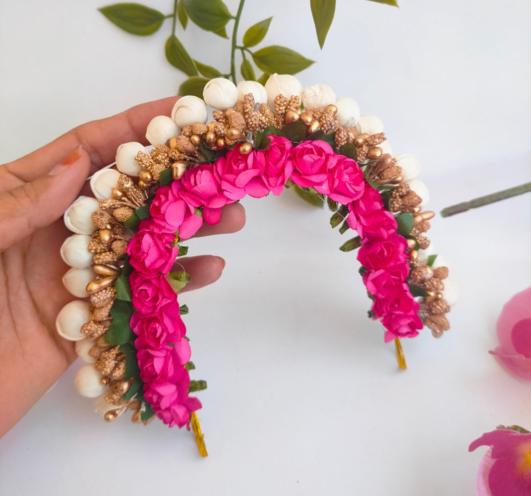Pink & Gold Flower Hair Gajra - Distacart