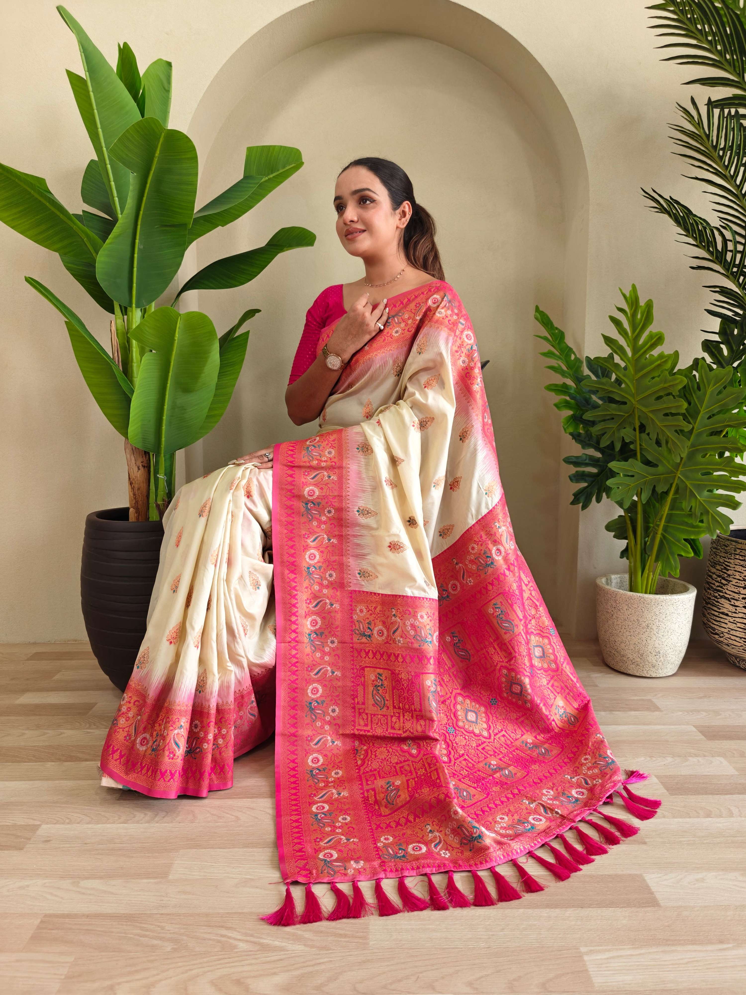 Mameraa Sarees Soft Silk Blend Blend Saree With Zari Weaving Meenakari Design-White - Dista