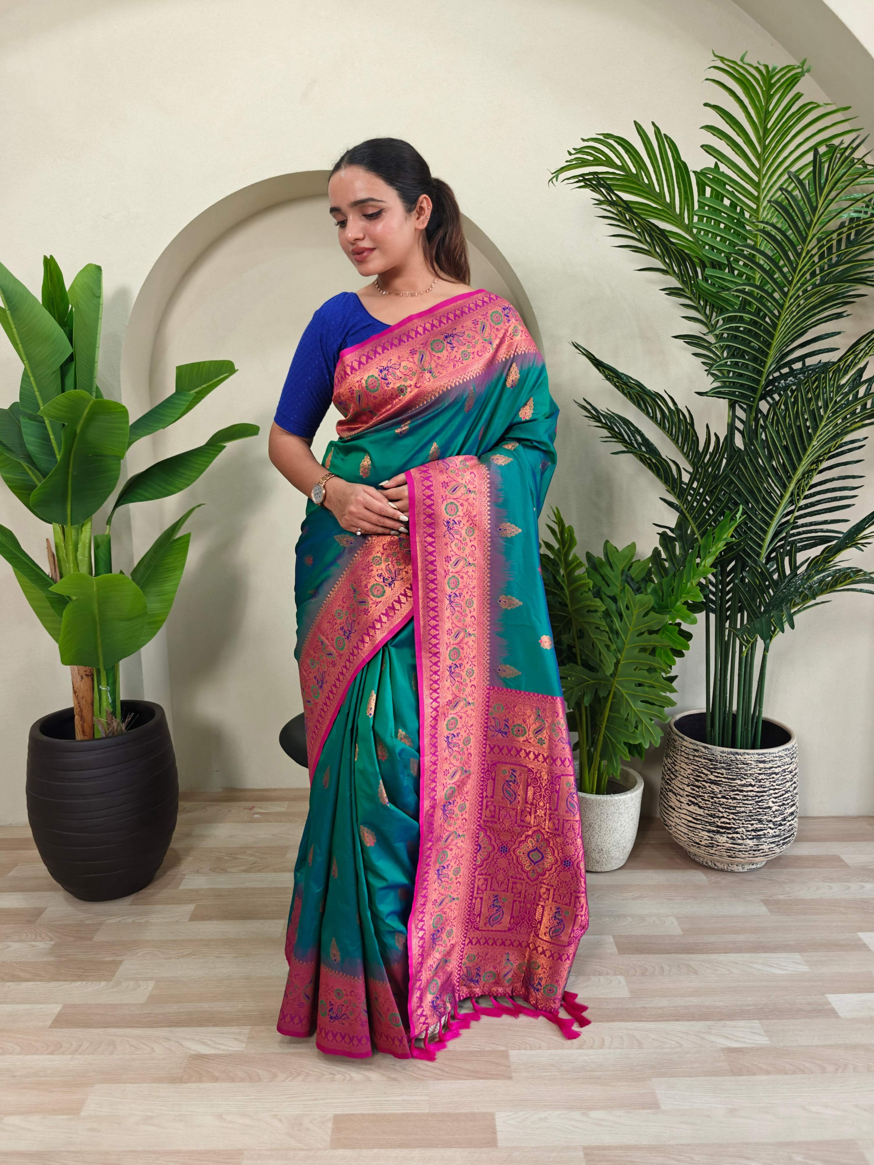 Mameraa Sarees Soft Silk Blend Blend Saree With Zari Weaving Meenakari Design-Rama Green - Dista