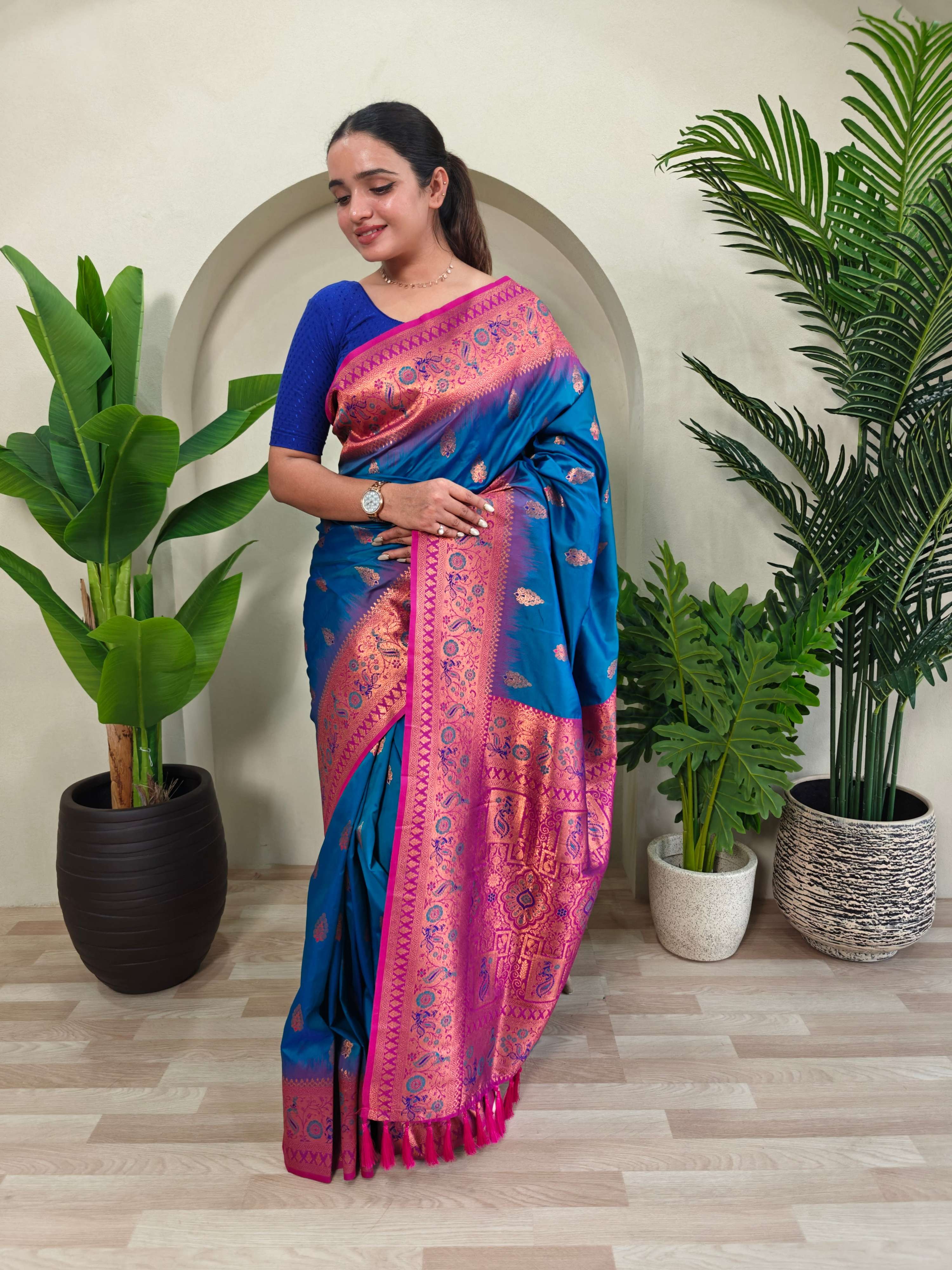 Mameraa Sarees Soft Silk Blend Blend Saree With Zari Weaving Meenakari Design-Teal Blue - Dista