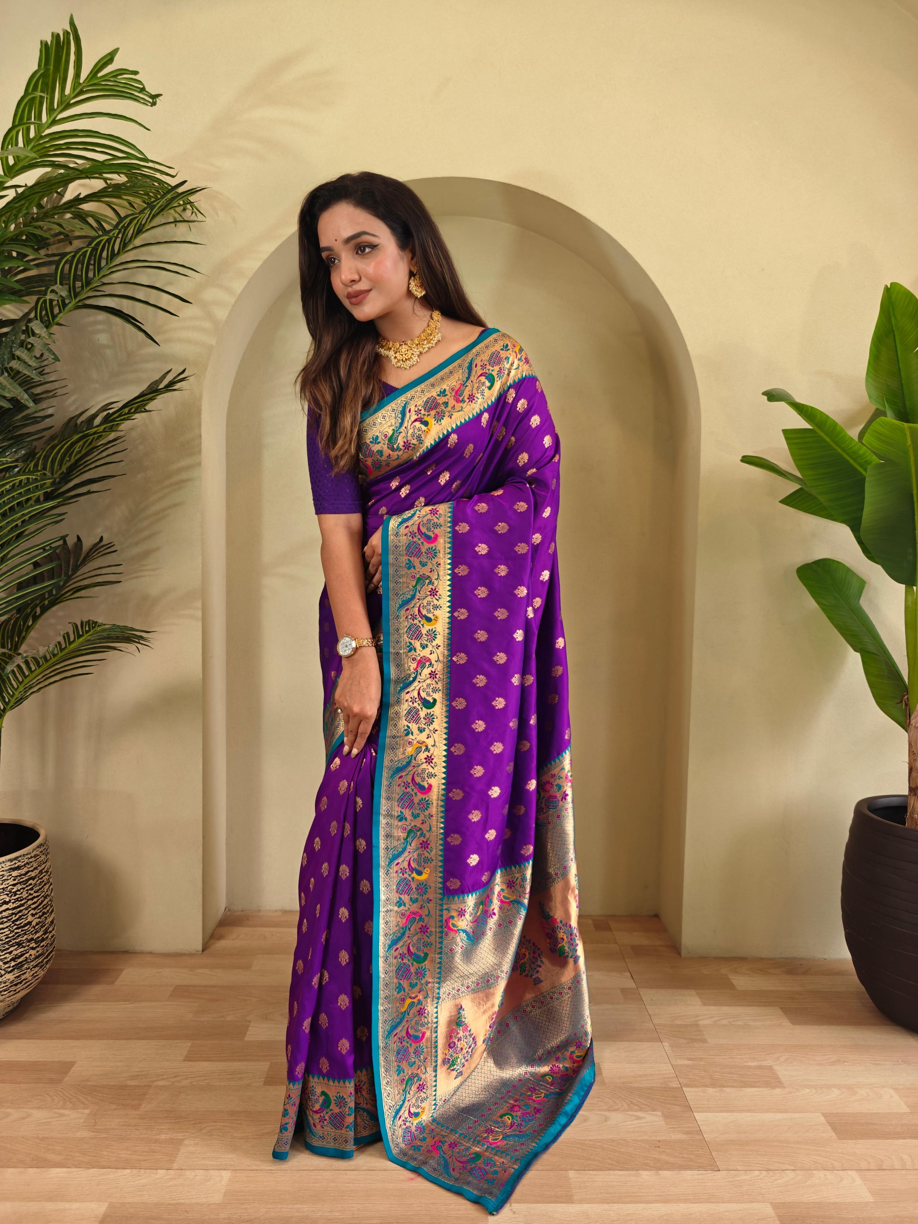 Mameraa Sarees Paithani Silk Blend Weaving Saree With Contrast Blouse-Whine - Dista